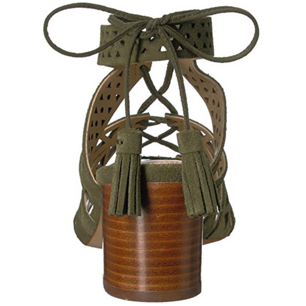 Olive Green Block Heel Ankle Tie Up Tassel Sandal - Picture 5 of 5